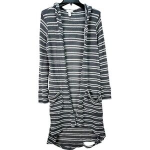 🌸3/$15🌸 FULL TILT Gray White Stripe Knit Hooded Long Duster Cardigan Open Front